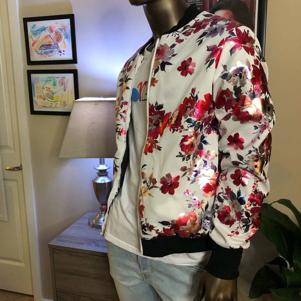 Handmade Metallic White Floral Bomber Jacket